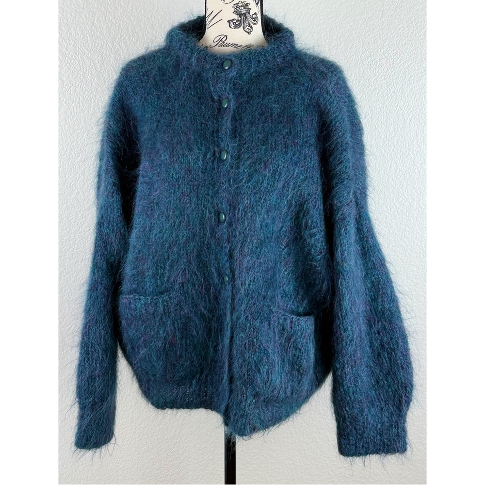 Athena Designs Irish Handknit Mohair Cardigan Fuzzy Blue/Purple Cardigan Large
